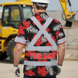 Hi Vis Hawaiian Shirt Reflective Tapes Red White Canada Flag 2 Custom Name Safety Workwear For Mechanics, Workers, Truckers, Operators