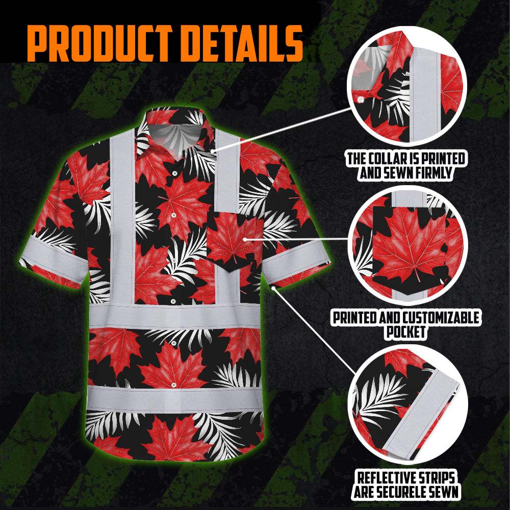 Hi Vis Hawaiian Shirt Reflective Tapes Red White Canada Flag 2 Custom Name Safety Workwear For Mechanics, Workers, Truckers, Operators