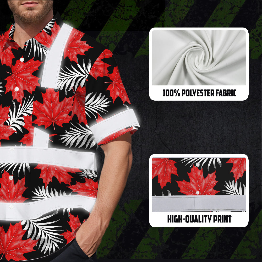 Hi Vis Hawaiian Shirt Reflective Tapes Red White Canada Flag 2 Custom Name Safety Workwear For Mechanics, Workers, Truckers, Operators