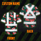 Hi Vis Hawaiian Shirt Reflective Tapes Red White Canada Flag 3 Custom Name Safety Workwear For Mechanics, Workers, Truckers, Operators
