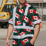 Hi Vis Hawaiian Shirt Reflective Tapes Red White Canada Flag 3 Custom Name Safety Workwear For Mechanics, Workers, Truckers, Operators