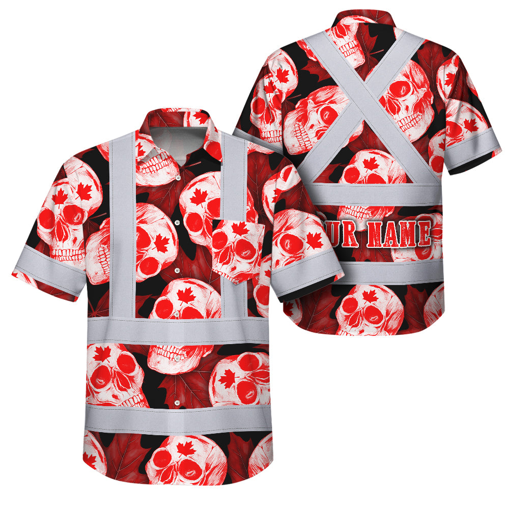 Hi Vis Hawaiian Shirt Reflective Tapes Red White Canada Skull Custom Name Safety Workwear For Mechanics, Workers, Truckers, Operators