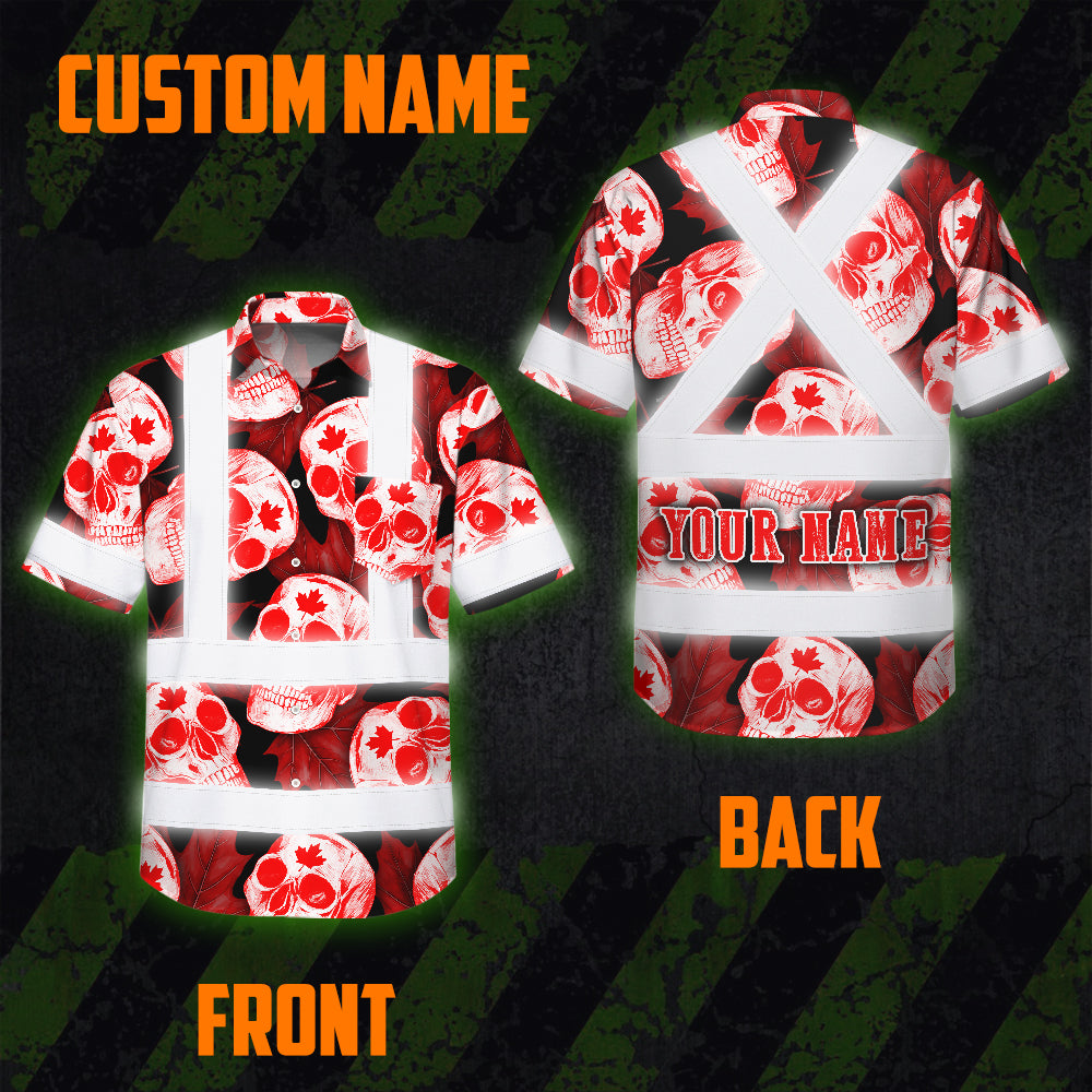 Hi Vis Hawaiian Shirt Reflective Tapes Red White Canada Skull Custom Name Safety Workwear For Mechanics, Workers, Truckers, Operators