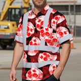Hi Vis Hawaiian Shirt Reflective Tapes Red White Canada Skull Custom Name Safety Workwear For Mechanics, Workers, Truckers, Operators