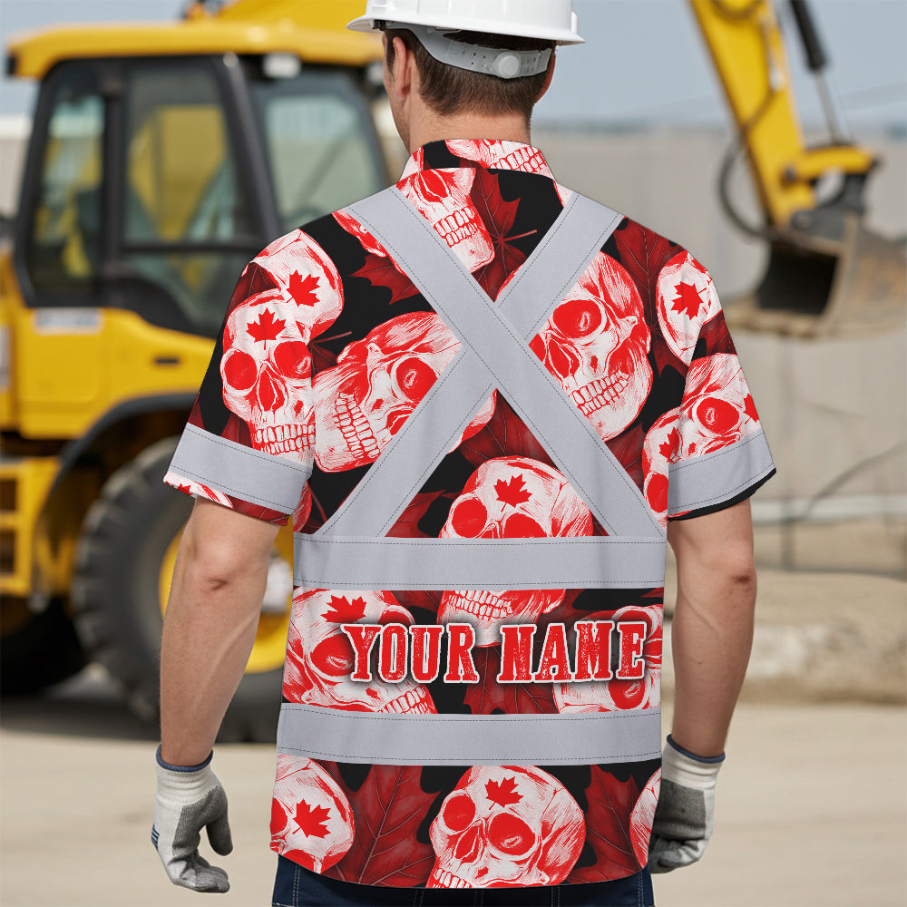 Hi Vis Hawaiian Shirt Reflective Tapes Red White Canada Skull Custom Name Safety Workwear For Mechanics, Workers, Truckers, Operators