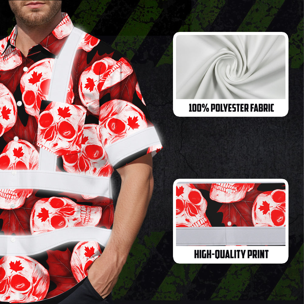 Hi Vis Hawaiian Shirt Reflective Tapes Red White Canada Skull Custom Name Safety Workwear For Mechanics, Workers, Truckers, Operators