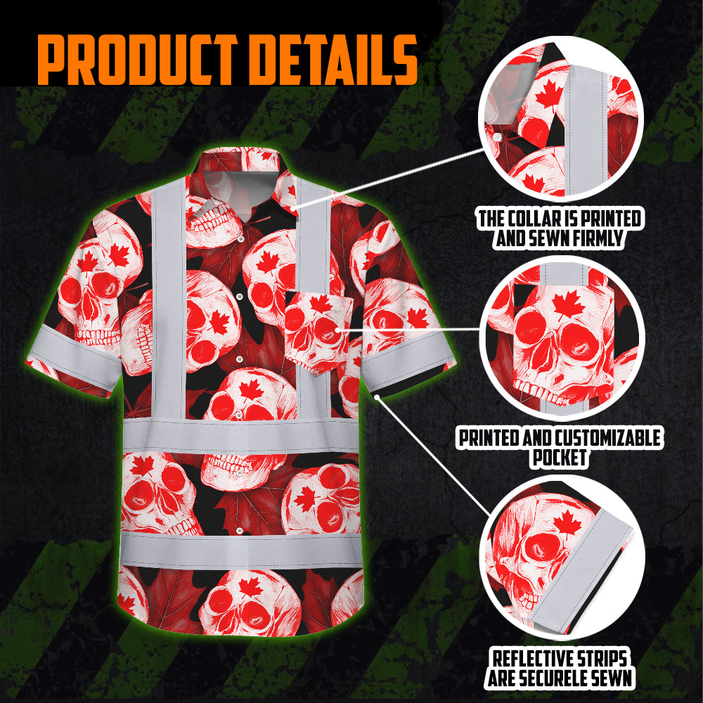 Hi Vis Hawaiian Shirt Reflective Tapes Red White Canada Skull Custom Name Safety Workwear For Mechanics, Workers, Truckers, Operators