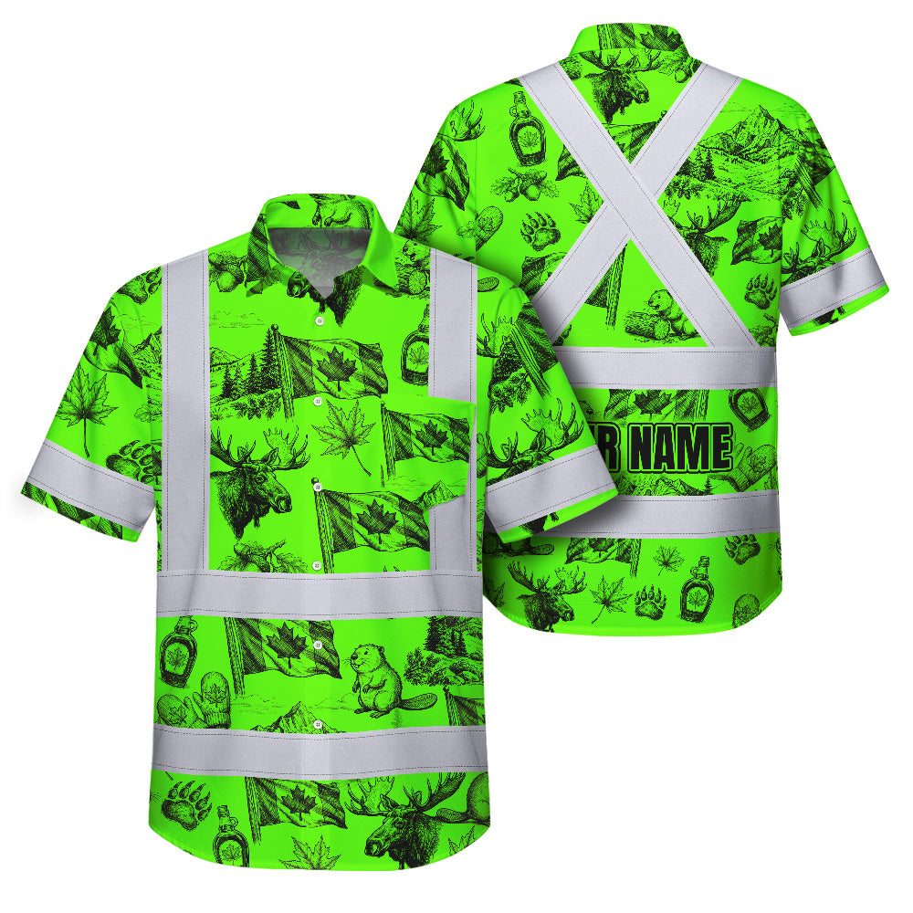 Hi Vis Hawaiian Shirt Reflective Tapes Green Neon Canada Flag Custom Name Safety Workwear For Mechanics, Workers, Truckers, Operators