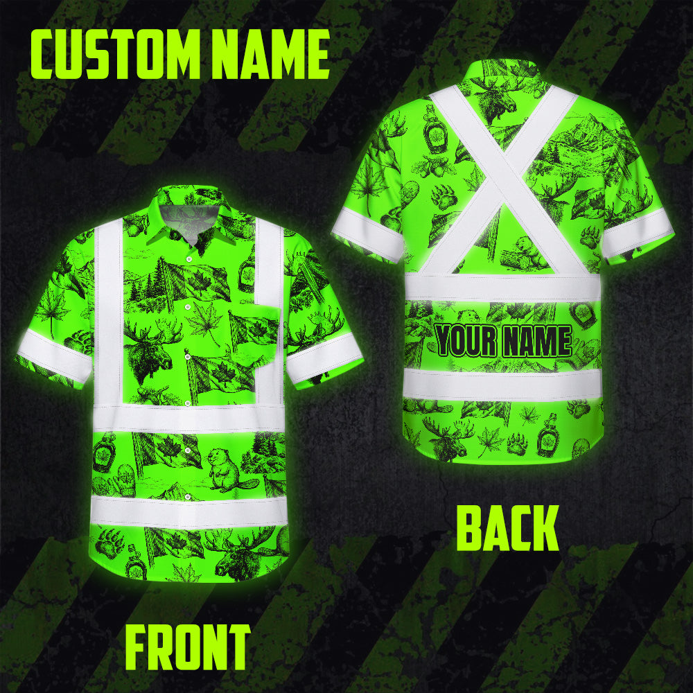 Hi Vis Hawaiian Shirt Reflective Tapes Green Neon Canada Flag Custom Name Safety Workwear For Mechanics, Workers, Truckers, Operators