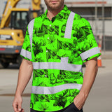 Hi Vis Hawaiian Shirt Reflective Tapes Green Neon Canada Flag Custom Name Safety Workwear For Mechanics, Workers, Truckers, Operators