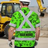 Hi Vis Hawaiian Shirt Reflective Tapes Green Neon Canada Flag Custom Name Safety Workwear For Mechanics, Workers, Truckers, Operators