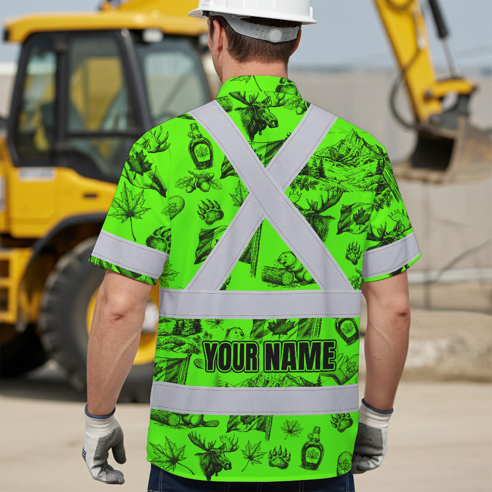 Hi Vis Hawaiian Shirt Reflective Tapes Green Neon Canada Flag Custom Name Safety Workwear For Mechanics, Workers, Truckers, Operators