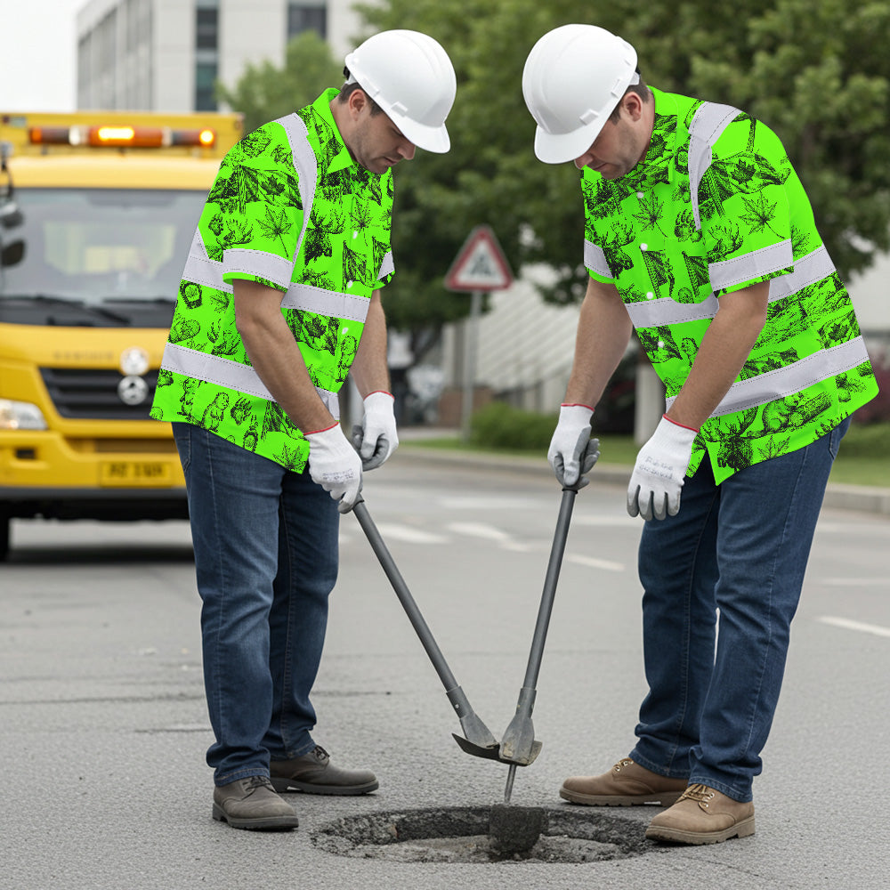 Hi Vis Hawaiian Shirt Reflective Tapes Green Neon Canada Flag Custom Name Safety Workwear For Mechanics, Workers, Truckers, Operators