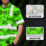 Hi Vis Hawaiian Shirt Reflective Tapes Green Neon Canada Flag Custom Name Safety Workwear For Mechanics, Workers, Truckers, Operators
