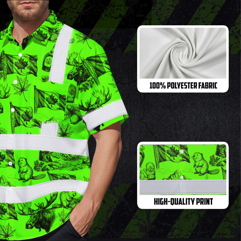 Hi Vis Hawaiian Shirt Reflective Tapes Green Neon Canada Flag Custom Name Safety Workwear For Mechanics, Workers, Truckers, Operators