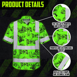 Hi Vis Hawaiian Shirt Reflective Tapes Green Neon Canada Flag Custom Name Safety Workwear For Mechanics, Workers, Truckers, Operators