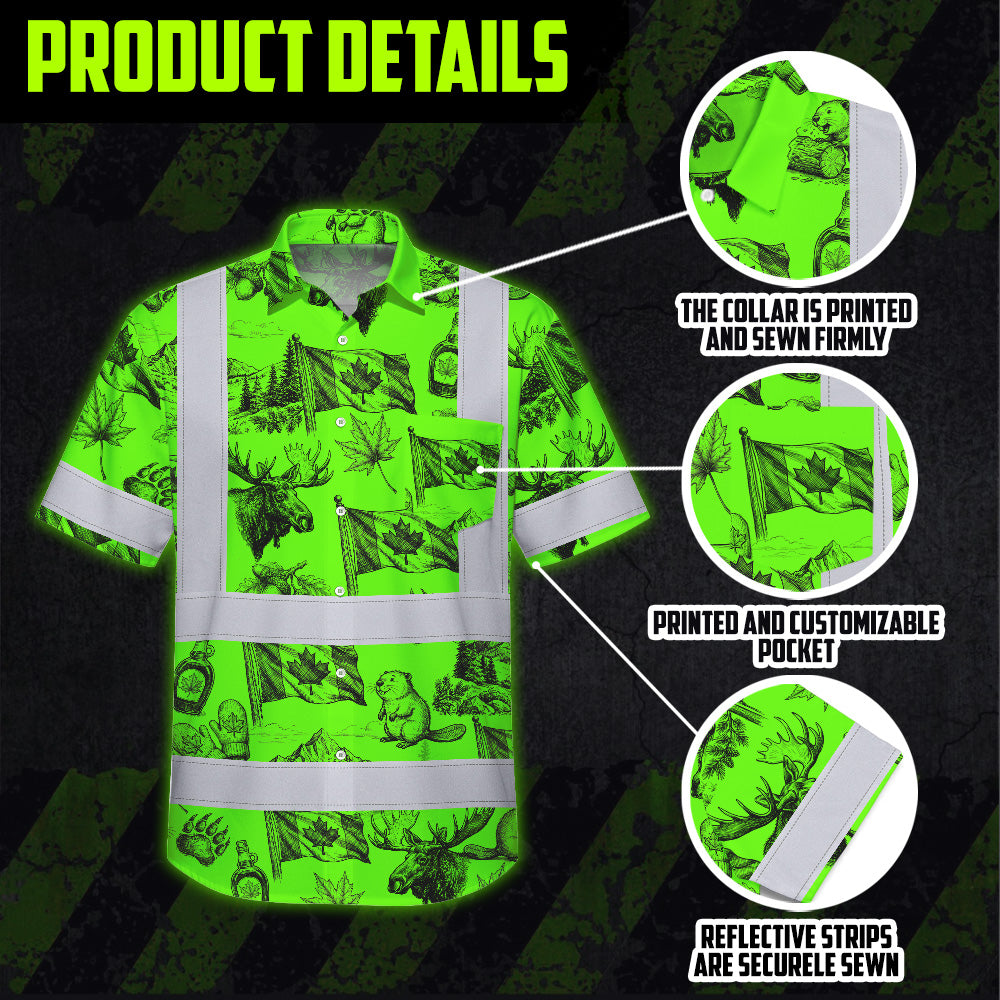 Hi Vis Hawaiian Shirt Reflective Tapes Green Neon Canada Flag Custom Name Safety Workwear For Mechanics, Workers, Truckers, Operators