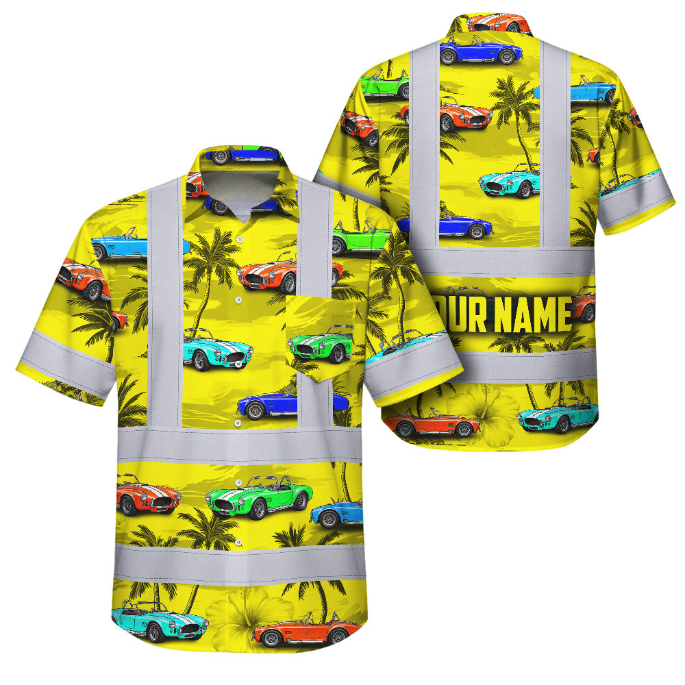 Hi Vis Hawaiian Shirt Reflective Tapes Yellow Car Tree Sea Pattern Custom Name Safety Workwear For Mechanics, Workers, Truckers, Operators