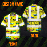 Hi Vis Hawaiian Shirt Reflective Tapes Yellow Car Tree Sea Pattern Custom Name Safety Workwear For Mechanics, Workers, Truckers, Operators