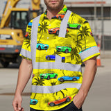 Hi Vis Hawaiian Shirt Reflective Tapes Yellow Car Tree Sea Pattern Custom Name Safety Workwear For Mechanics, Workers, Truckers, Operators