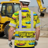 Hi Vis Hawaiian Shirt Reflective Tapes Yellow Car Tree Sea Pattern Custom Name Safety Workwear For Mechanics, Workers, Truckers, Operators