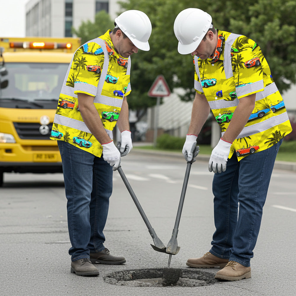 Hi Vis Hawaiian Shirt Reflective Tapes Yellow Car Tree Sea Pattern Custom Name Safety Workwear For Mechanics, Workers, Truckers, Operators