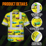 Hi Vis Hawaiian Shirt Reflective Tapes Yellow Car Tree Sea Pattern Custom Name Safety Workwear For Mechanics, Workers, Truckers, Operators