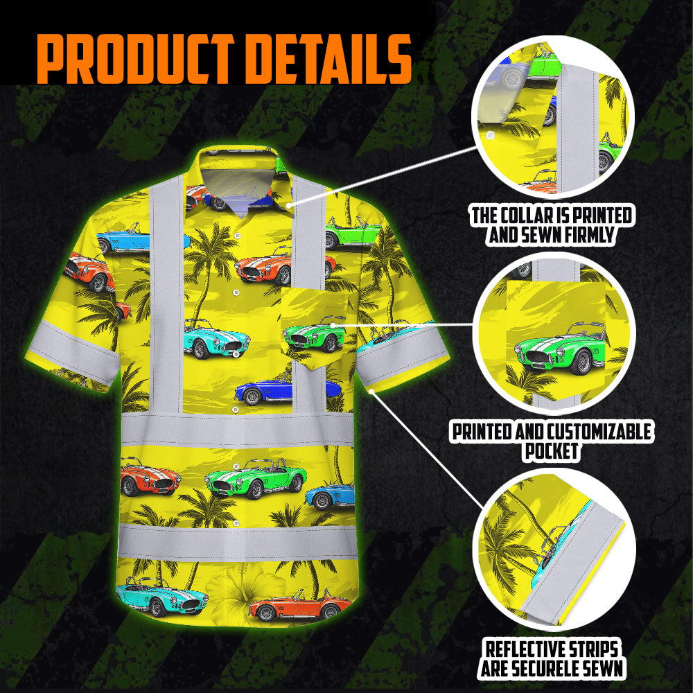 Hi Vis Hawaiian Shirt Reflective Tapes Yellow Car Tree Sea Pattern Custom Name Safety Workwear For Mechanics, Workers, Truckers, Operators
