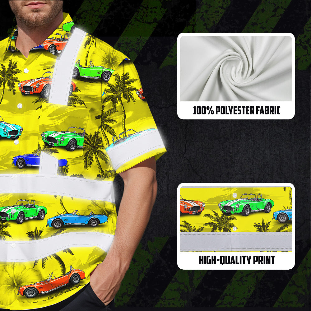 Hi Vis Hawaiian Shirt Reflective Tapes Yellow Car Tree Sea Pattern Custom Name Safety Workwear For Mechanics, Workers, Truckers, Operators