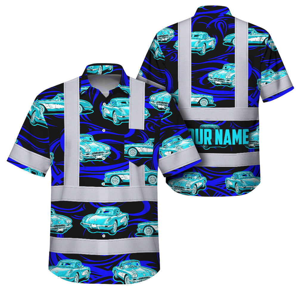 Hi Vis Hawaiian Shirt Reflective Tapes Lime Neon Car Sea Pattern Custom Name Safety Workwear For Mechanics, Workers, Truckers, Operators