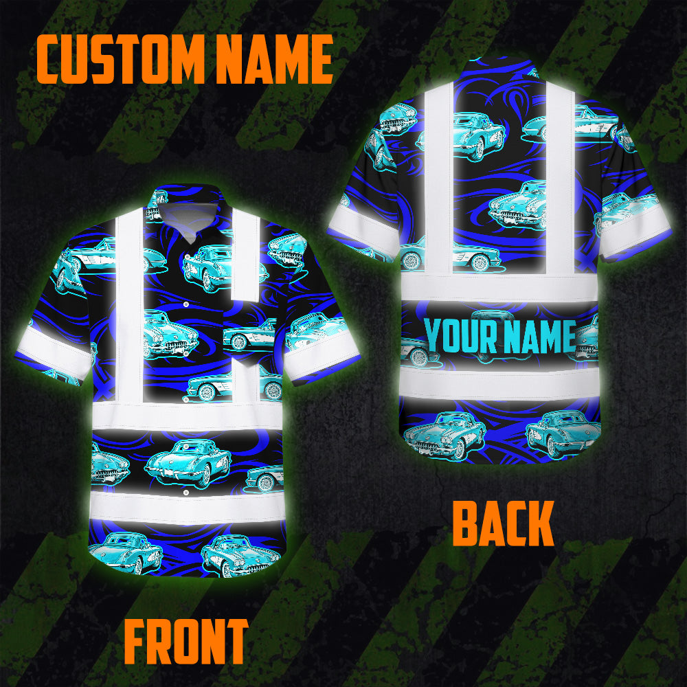Hi Vis Hawaiian Shirt Reflective Tapes Lime Neon Car Sea Pattern Custom Name Safety Workwear For Mechanics, Workers, Truckers, Operators