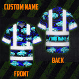 Hi Vis Hawaiian Shirt Reflective Tapes Lime Neon Car Sea Pattern Custom Name Safety Workwear For Mechanics, Workers, Truckers, Operators