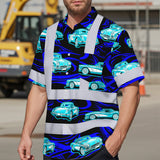 Hi Vis Hawaiian Shirt Reflective Tapes Lime Neon Car Sea Pattern Custom Name Safety Workwear For Mechanics, Workers, Truckers, Operators