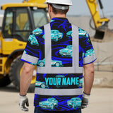 Hi Vis Hawaiian Shirt Reflective Tapes Lime Neon Car Sea Pattern Custom Name Safety Workwear For Mechanics, Workers, Truckers, Operators