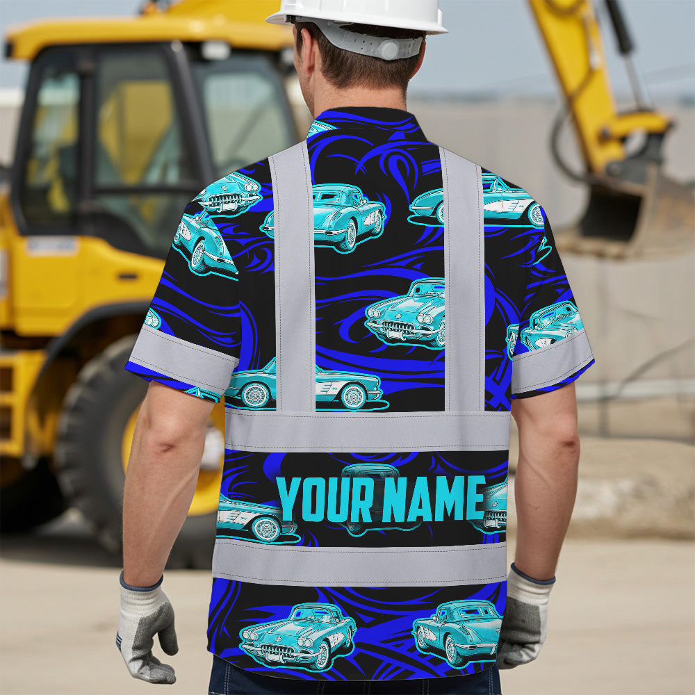 Hi Vis Hawaiian Shirt Reflective Tapes Lime Neon Car Sea Pattern Custom Name Safety Workwear For Mechanics, Workers, Truckers, Operators