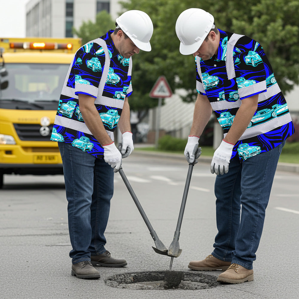 Hi Vis Hawaiian Shirt Reflective Tapes Lime Neon Car Sea Pattern Custom Name Safety Workwear For Mechanics, Workers, Truckers, Operators