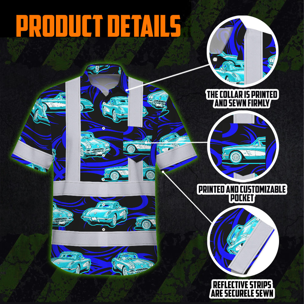 Hi Vis Hawaiian Shirt Reflective Tapes Lime Neon Car Sea Pattern Custom Name Safety Workwear For Mechanics, Workers, Truckers, Operators
