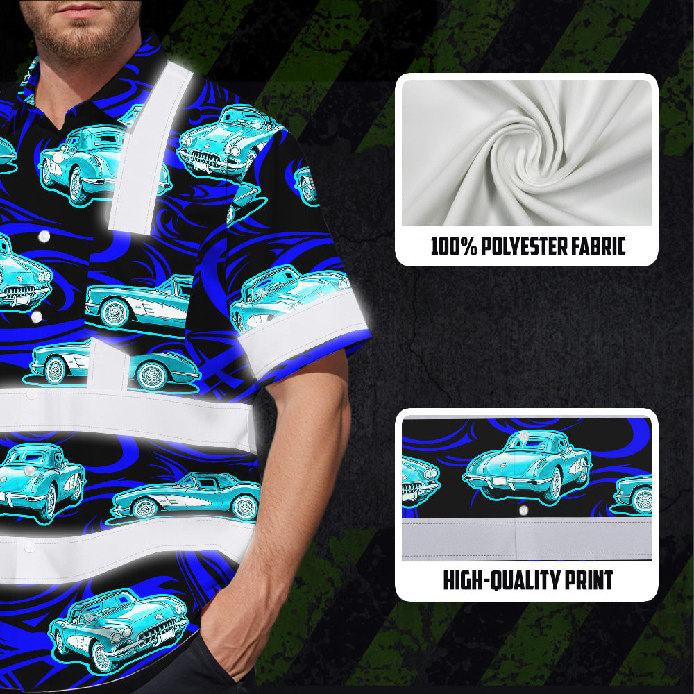 Hi Vis Hawaiian Shirt Reflective Tapes Lime Neon Car Sea Pattern Custom Name Safety Workwear For Mechanics, Workers, Truckers, Operators