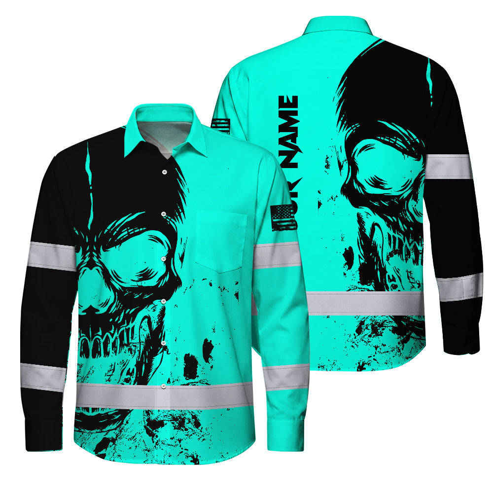 Hi Vis Hawaiian Long Sleeve Shirt Reflective Mint Neon Skull Custom Name Safety Workwear For Runners, Cyclists, Skull Lover