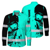 Hi Vis Hawaiian Long Sleeve Shirt Reflective Mint Neon Skull Custom Name Safety Workwear For Runners, Cyclists, Skull Lover
