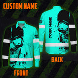 Hi Vis Hawaiian Long Sleeve Shirt Reflective Mint Neon Skull Custom Name Safety Workwear For Runners, Cyclists, Skull Lover