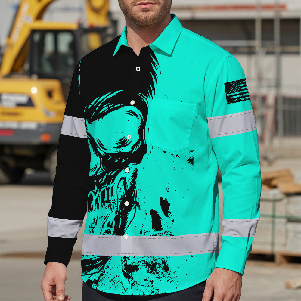 Hi Vis Hawaiian Long Sleeve Shirt Reflective Mint Neon Skull Custom Name Safety Workwear For Runners, Cyclists, Skull Lover