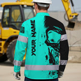 Hi Vis Hawaiian Long Sleeve Shirt Reflective Mint Neon Skull Custom Name Safety Workwear For Runners, Cyclists, Skull Lover