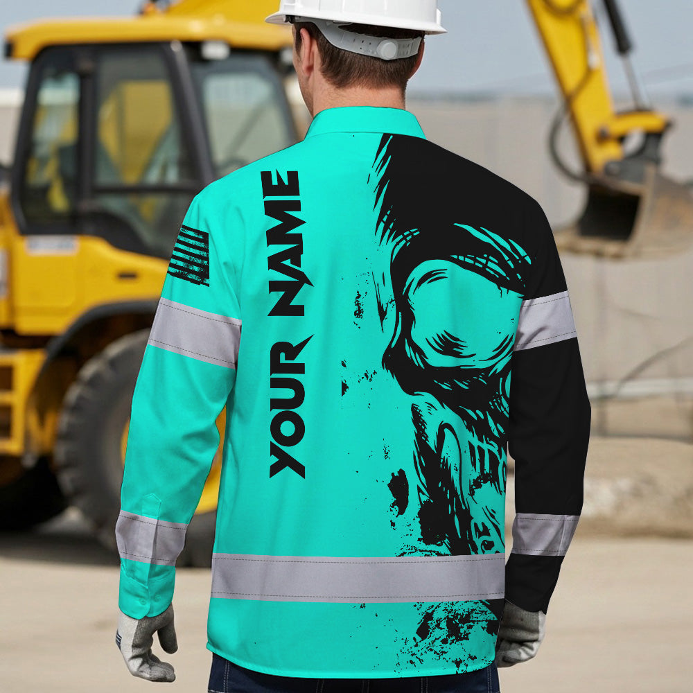 Hi Vis Hawaiian Long Sleeve Shirt Reflective Mint Neon Skull Custom Name Safety Workwear For Runners, Cyclists, Skull Lover
