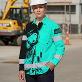 Hi Vis Hawaiian Long Sleeve Shirt Reflective Mint Neon Skull Custom Name Safety Workwear For Runners, Cyclists, Skull Lover