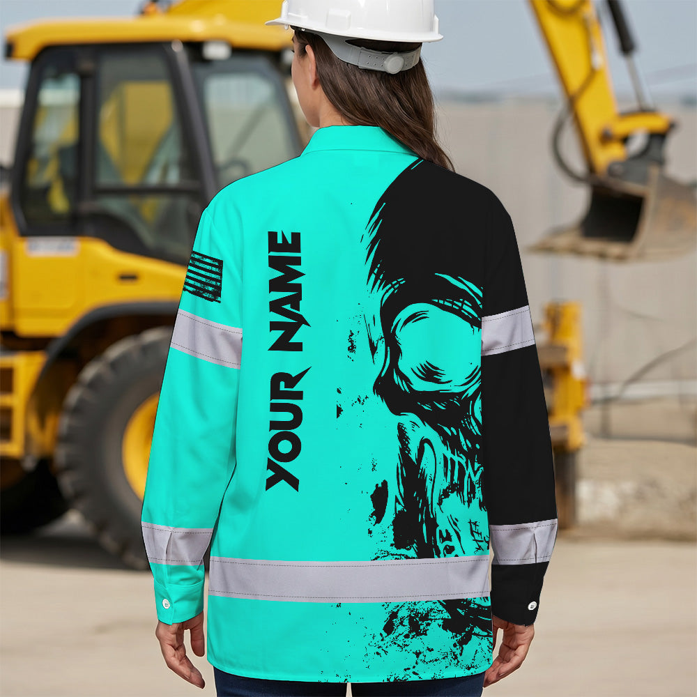 Hi Vis Hawaiian Long Sleeve Shirt Reflective Mint Neon Skull Custom Name Safety Workwear For Runners, Cyclists, Skull Lover