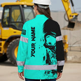 Hi Vis Hawaiian Long Sleeve Shirt Reflective Mint Neon Skull Custom Name Safety Workwear For Runners, Cyclists, Skull Lover