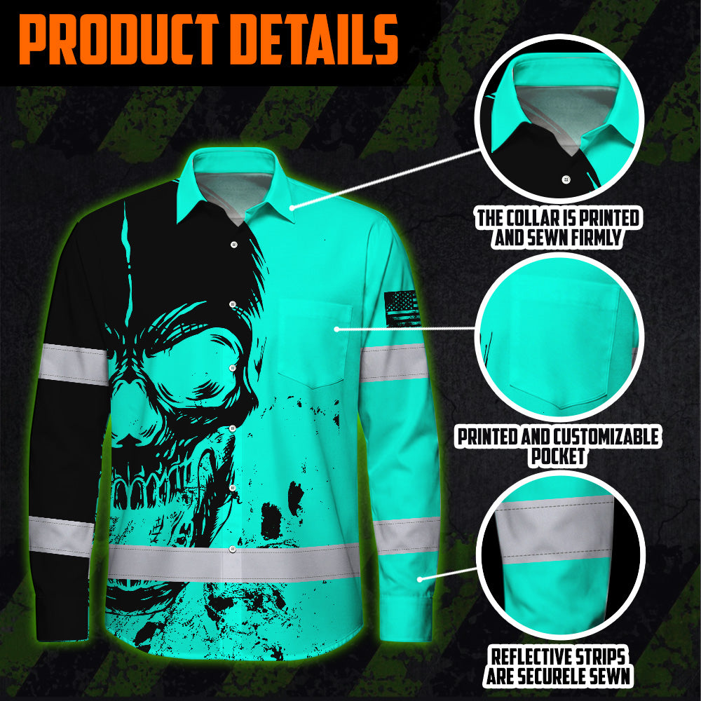 Hi Vis Hawaiian Long Sleeve Shirt Reflective Mint Neon Skull Custom Name Safety Workwear For Runners, Cyclists, Skull Lover