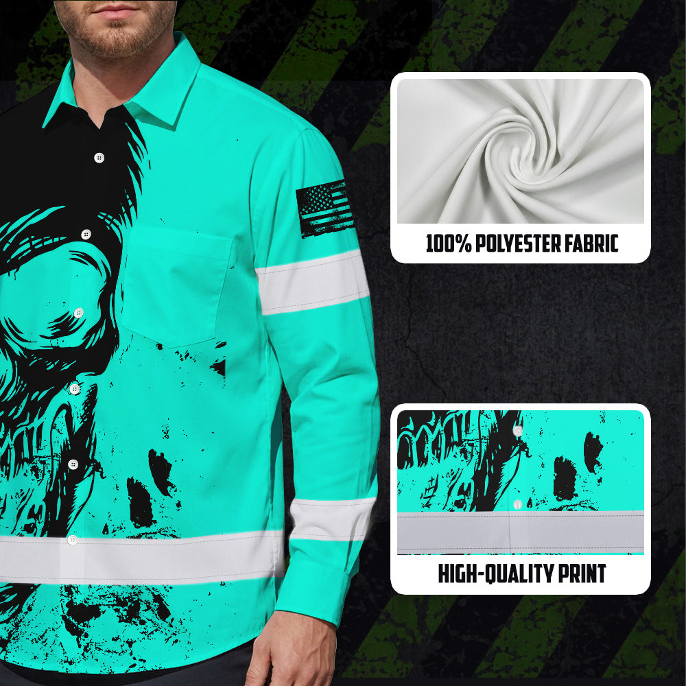Hi Vis Hawaiian Long Sleeve Shirt Reflective Mint Neon Skull Custom Name Safety Workwear For Runners, Cyclists, Skull Lover