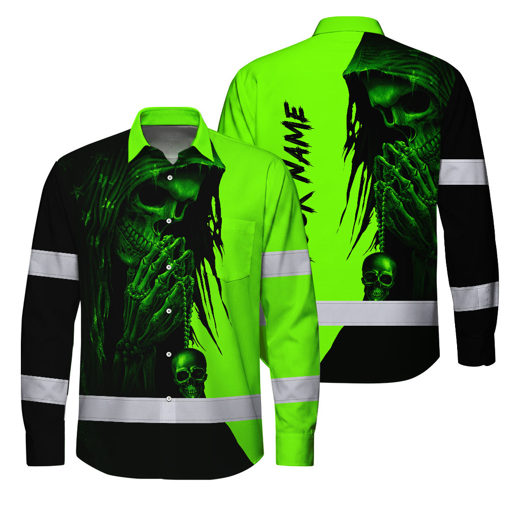 Hi Vis Hawaiian Long Sleeve Shirt Reflective Green And Black Skull Custom Name Safety Workwear For Skull Lover